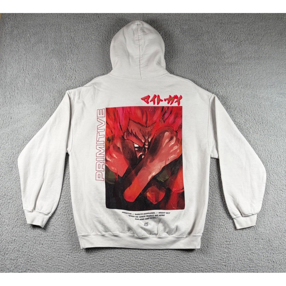 Primitive Naruto Hoodie Mens White Might Guy Eight Gates Anime Skate Pullover L
